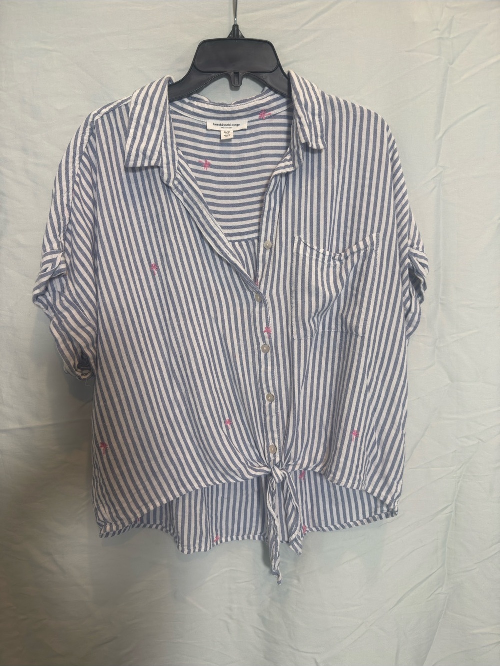 Beachlunchlounge Womens XL Blue White Striped Pink Palm Tree Tie Front Shirt